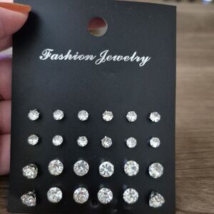 Round Zirconia Prong Stud Earrings set of 12 pairs Silver